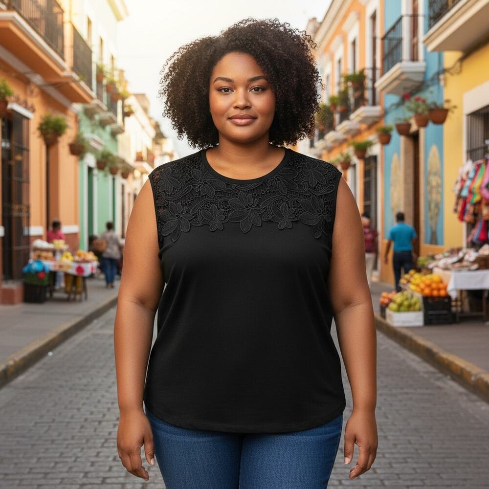 Db Crochet Black Top Womens 3X Cotton Modal Dark Fairy Boho Stretch Mature